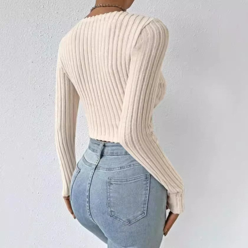 Short Deep V-neck Slim-fit Long Sleeve Knitted Top