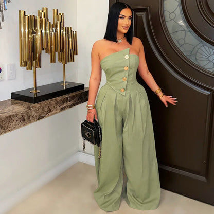 Sexy Tube Top Sleeveless Metal Button Wide Leg Jumpsuit