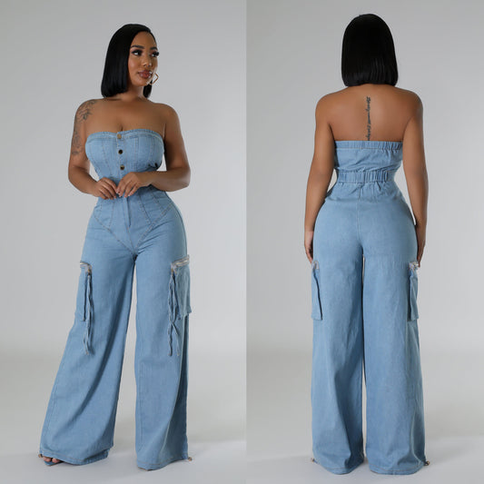 Off-shoulder Denim Jumpsuit
