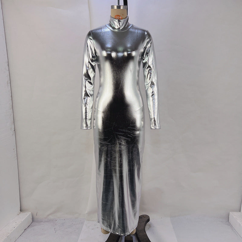 Turtleneck Long-sleeve Waist-cinching Sheath Dress