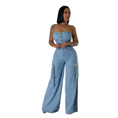Off-shoulder Denim Jumpsuit