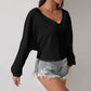 European And American Elegant And Intellectual Style Loose T-shirt Autumn And Winter V-neck Versatile Slim Off-shoulder Design Top