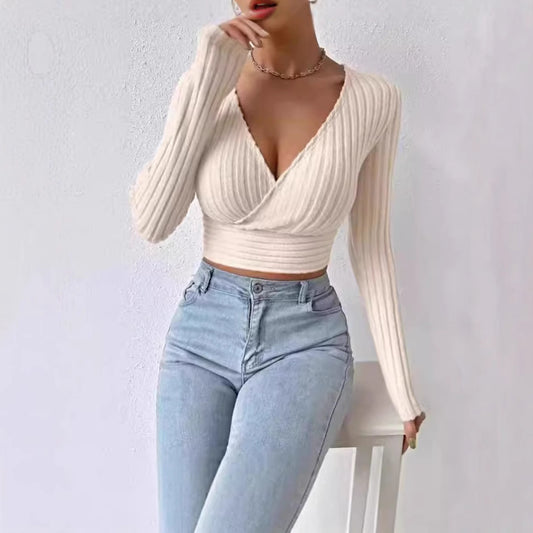 Short Deep V-neck Slim-fit Long Sleeve Knitted Top