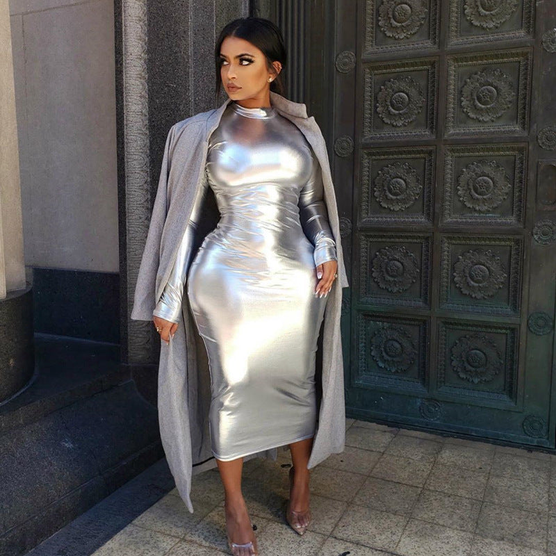 Turtleneck Long-sleeve Waist-cinching Sheath Dress